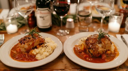 two white plates topped with meat covered in gravy next to a bottle of wine and a glass of wine.