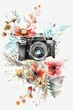 Camera in the presence of flowers. Watercolor illustration isolated on white background