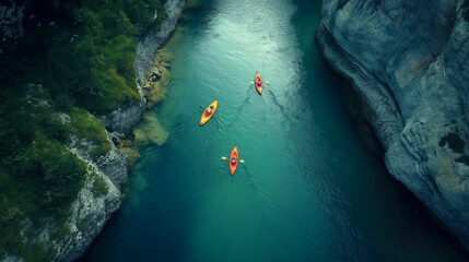 Wall Mural - Aerial View of Kayakers Paddling Along a Beautiful Mountain River. Generative AI.