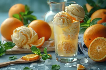 Wall Mural - A glass of orange juice and oranges on the table, mint leaves in front of it,