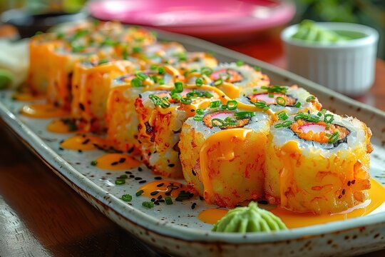 A platter of sushi rolls, each wrapped in deep fried mozzarella cheese and drizzled with hot yellow sauce