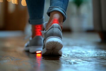 Poster - A person is walking on a wooden floor with a shoe that has a red light on it, pain concept