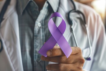 Wall Mural - A doctor holding purple ribbon in his hand