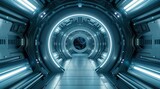 Fototapeta Perspektywa 3d - 3d rendering of sci-fi dark corridor with white light. Futuristic tunnel with dark metal walls.
