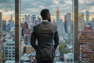 Wall Mural - A man in a suit is looking out a window at the city