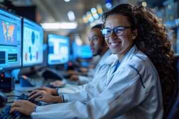 Poster - Joyful nuclear engineers working and smiling in control room