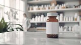 Fototapeta  - Pill bottle mock up in pharmacy. Background concept