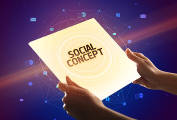 Aufkleber - holding futuristic tablet, social media concept