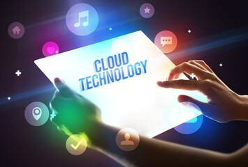 Aufkleber - Holding futuristic tablet, new media concept