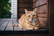 Ginger cat relaxes on wooden porch near house exterior