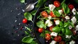 Top view italian food healthy salad mozzarella, tomatoes, vegetables dark background. AI generated