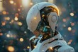 Photo of an attractive female robot with white and gold colors, futuristic design elements, wearing a helmet with a visor that reflects city lights. Bokeh effect. AI impact.