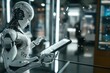 Humanoid robot with glowing black eyes and metallic arms, using tablet, glass walls in the background of a modern office space, showcasing advanced technology and futuristic design.