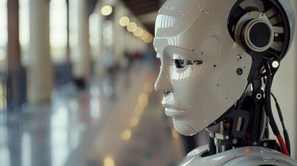 Poster - White Robot With Headphones in Hallway