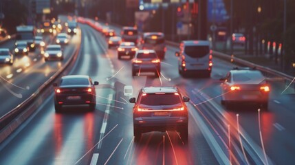 Poster - Evening Traffic on City Street With Flowing Vehicle Lights