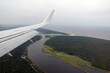 View to the Jurmala National Park under flying airplane wing in overcast day