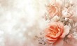 Peach colored roses on a soft beige background. Romantic and impressionistic Top view. Place for text. For posters, postcards, wallpaper banners, branding, backgrounds