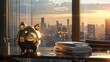 Golden piggy bank on desk, window view of city, finance theme. Sleek golden piggy, desk by window, signifies wealth growth.