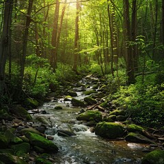 Wall Mural - Stream Flowing Through Lush Green Forest