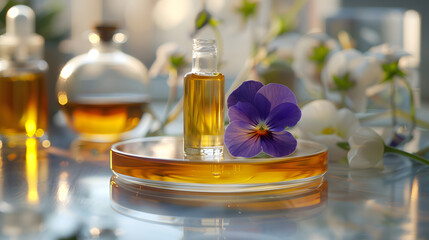 Sticker - Face serum, oil, beauty product and flower in Petri dish. Natural medicine, bio research concept