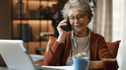 Wall Mural - Happy senior freelancer business woman talking on telephone call on speaker, sending voice message on smartphone, typing on laptop. Busy elder lady using digital devices for communications at home