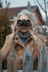 Wall Mural - curious old woman looking with binoculars