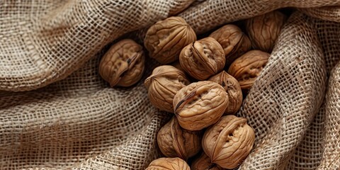 fresh organic walnuts on burlap cloth