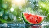 Fresh fruit watermelon slice with water splash isolated on nature blur background. AI generated image