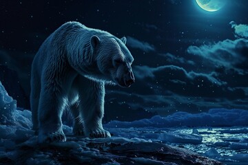 Wall Mural - polar bear at the north pole wandering at night