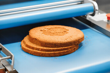 Poster - A slice of cake is on top of a blue surface. The cake is cut into four pieces