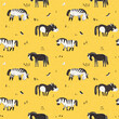 Cute horses walking in the meadow, seamless vector pattern