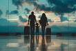 © Gonzalo - Family at airport travelling with young child walking to departure gate. Family vacation and holidays concept with silhouette of parents and kid. Travel lifestyle banner or background for air travel