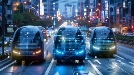 Aufkleber - Futuristic Autonomous Shuttles Gliding Through Evening City Streets