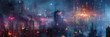 Illustration. Cyberpunk futuristic background panorama of big city. wide banner. Space for text. Mixed style painting. poster, business card, invitation, flyer, email, header. Generative Ai content