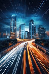 Wall Mural - Rush Hour Traffic in Futuristic Cityscape at Night