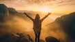 Acceptance concept: Happy girl raised hand on blurred mountain sunrise background.