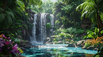  A breathtaking vertically composed image captures a hidden waterfall plunging into a serene pool within a vibrant jungle generative ai