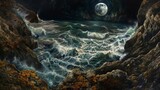 Fototapeta  - looking straight down a coastal sea cliff into a tide pool, birds eye view, oregon coast, nighttime, dark sky, full moon