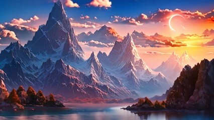Wall Mural - Fantasy landscape with mountains and lake at sunset. Digital painting, AI Generated