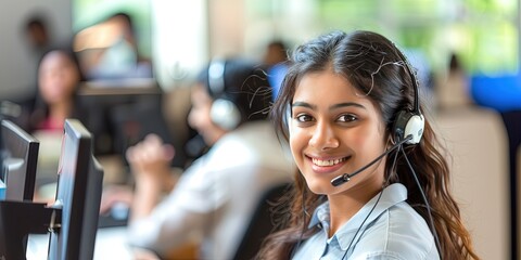 Friendly female call center worker in the office speaking on a headset phone - diversity equity and inclusion (DEI) concept