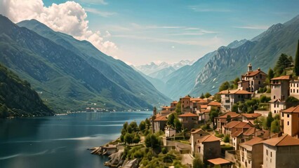 Sticker - Hallstatt village in Alps, Austria, Europe. Panoramic view, AI Generated