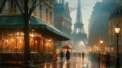 Poster - Digital painting of a street in Paris, France with people walking under an umbrella, AI Generated