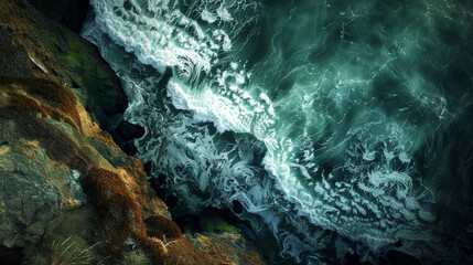 looking straight down a coastal sea cliff into a tide pool, birds eye view, oregon coast, nighttime, dark sky, full moon