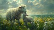 Two sheep graze in a grassy field of yellow flowers