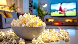 Fototapeta  - Schüssel mit Popcorn im Hintergrund ein laufender Fernseher 