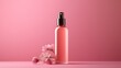 Glass bottle dropper mockup template with water splasheson a light pink background. Natural Organic Spa Cosmetic concept. Skin care product, aromatic oil
