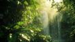 Rich tropical rainforest in the morning The morning sun shines on the waterfall and lush green leaves. 