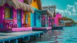 Tropical Waterfront with Colorful Stilt Houses Ai generated