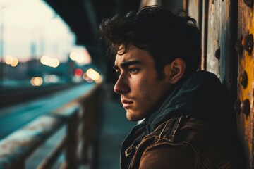 Wall Mural - Portrait of a handsome young man in the city at sunset.