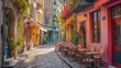 Sunny Street with Colorful Storefronts Ai generated
